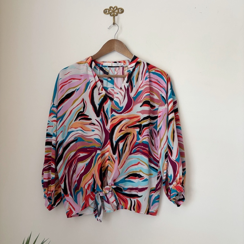 Marie Oliver Silk Tie Front Multicolor Striped Blouse Small